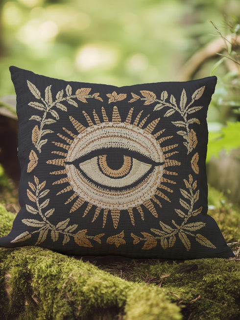 A black woven throw pillow with intricate gold and ivory embroidery featuring an Evil Eye motif, surrounded by botanical flourishes and sunburst details.